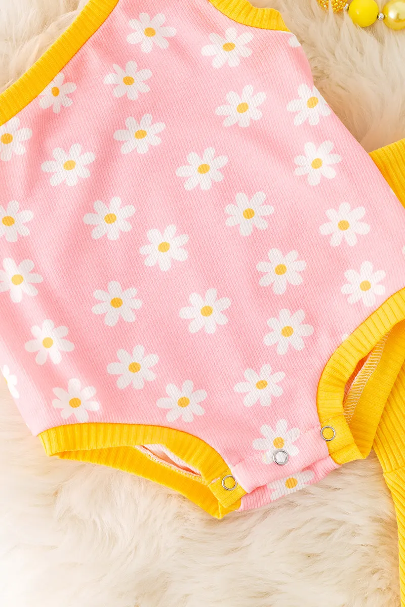 Daisy on pink ribbed  printed baby onesie &  yellow ribbed pants. RPG50976 SOL