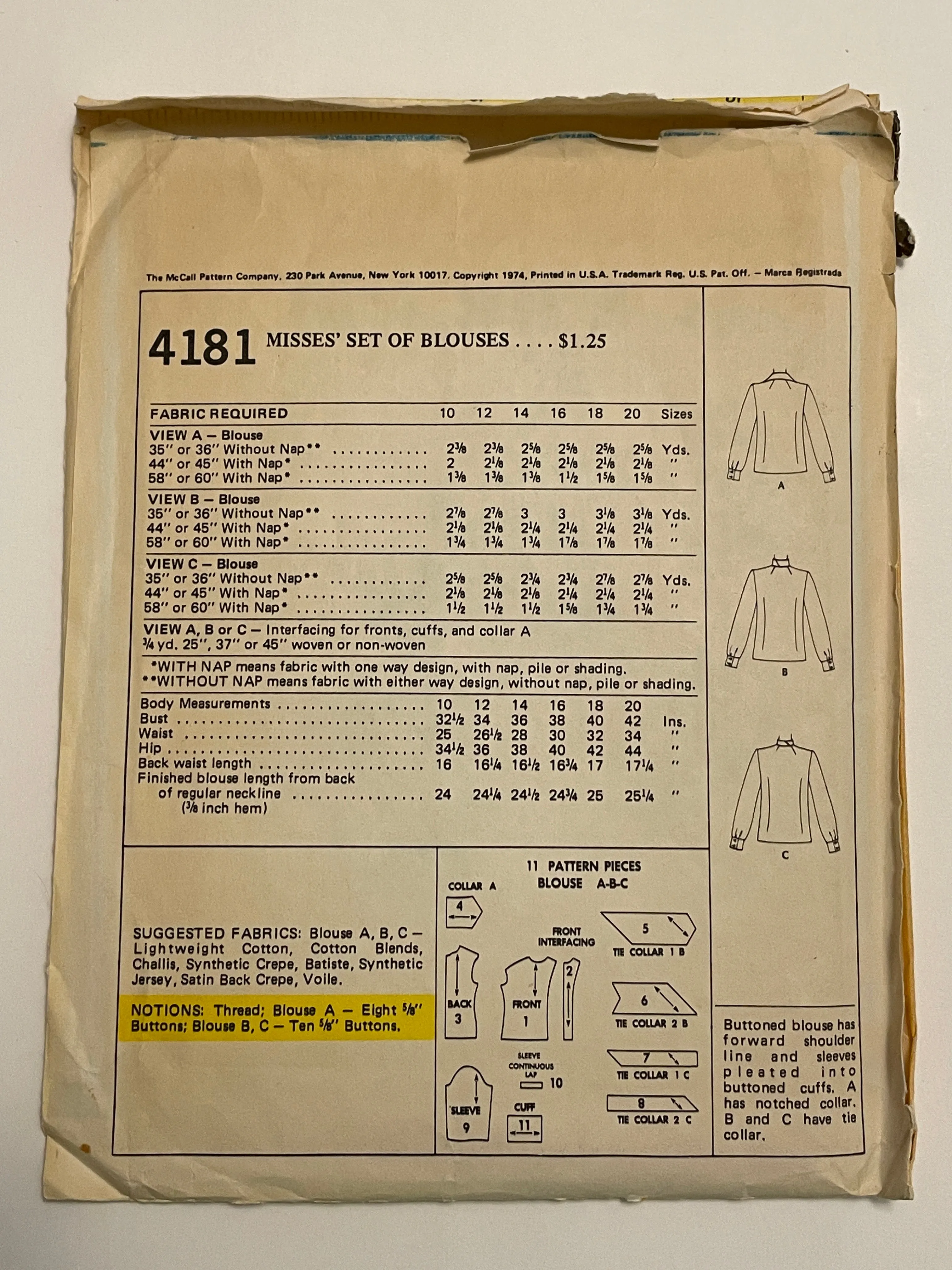 SALE 1974 McCall's Pattern 4181 - Blouses