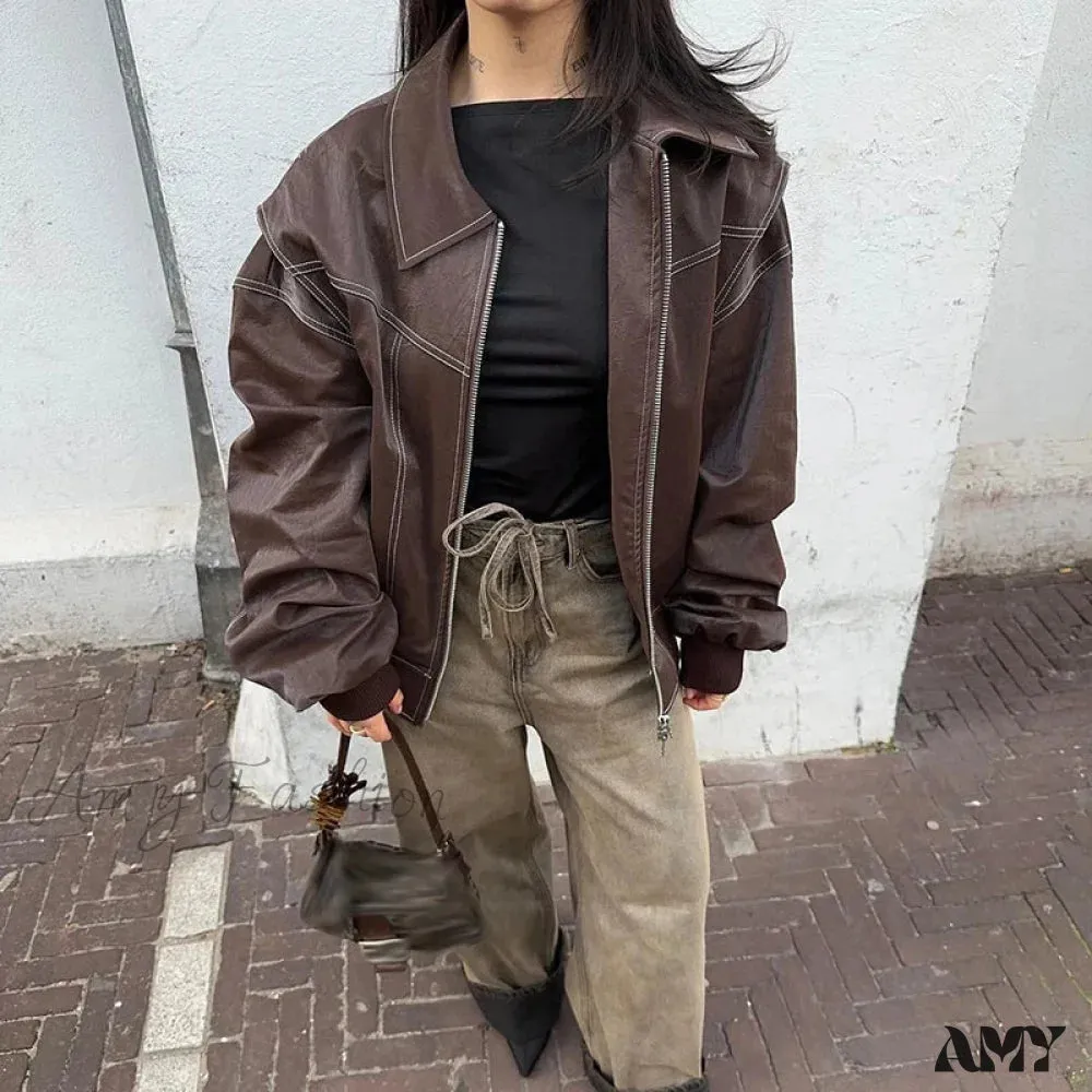 Vintage Casual Loose Turndown Collar Solid Color Outerwear Autumn New Female Jacket