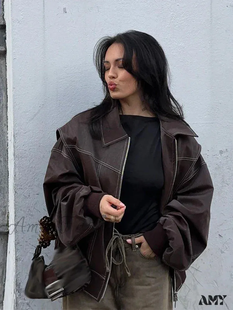 Vintage Casual Loose Turndown Collar Solid Color Outerwear Autumn New Female Jacket