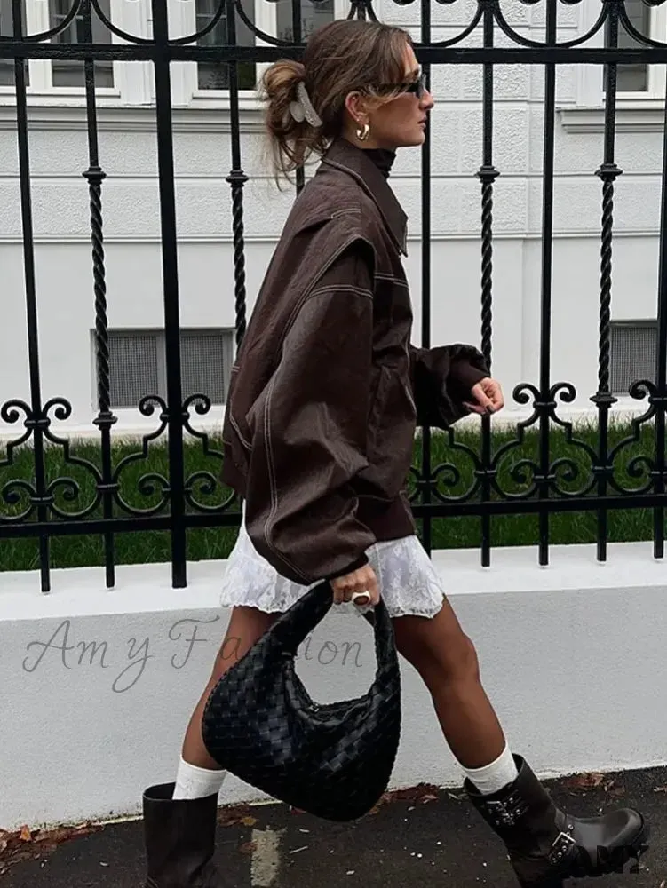 Vintage Casual Loose Turndown Collar Solid Color Outerwear Autumn New Female Jacket